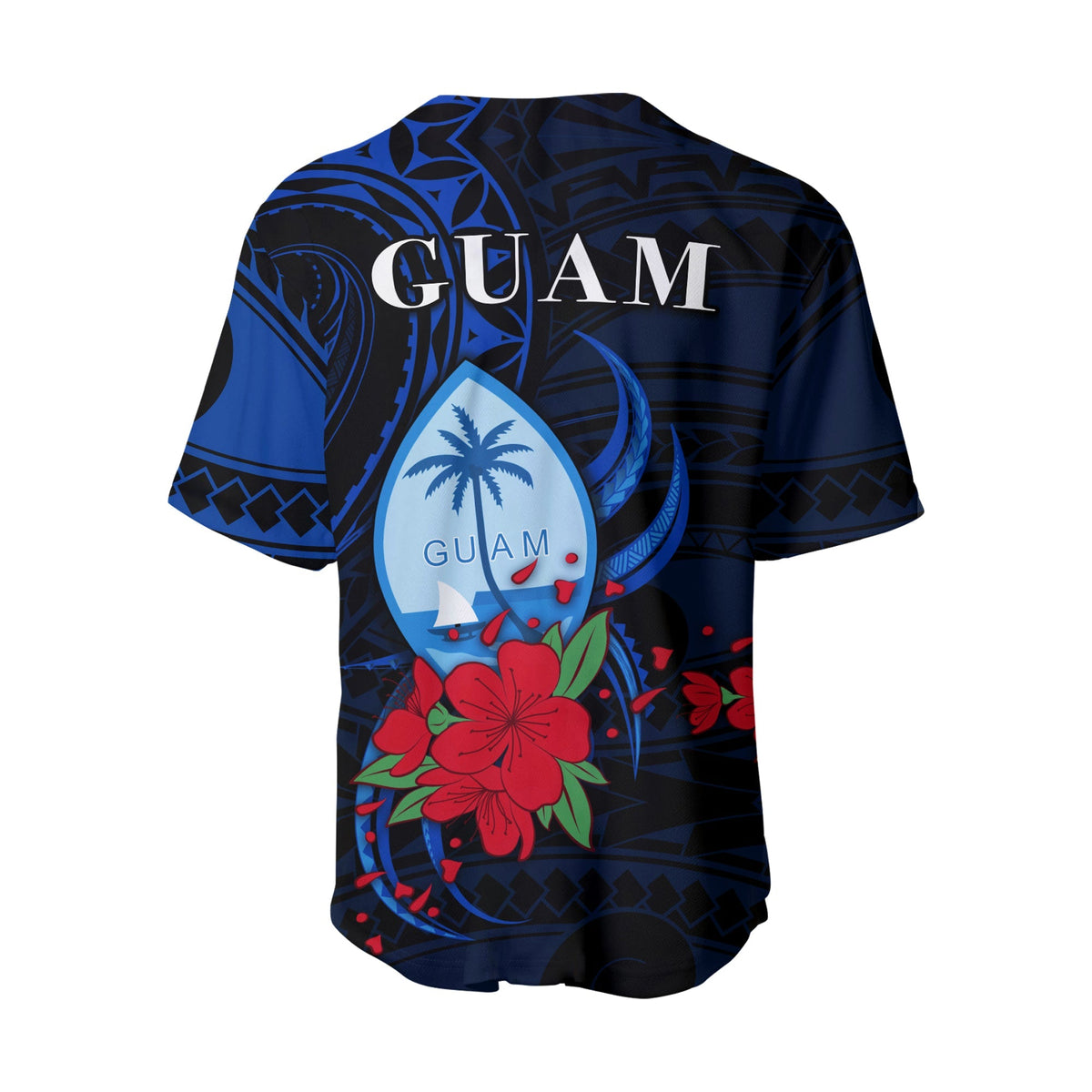 Blue Guam baseball jersey back print with large GUAM text and floral surf graphic