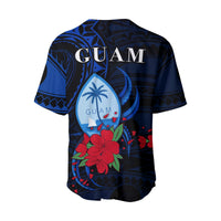 Blue Guam baseball jersey back print with large GUAM text and floral surf graphic