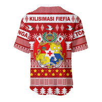 Red back baseball jersey with bold 'KILISIMASI FIEFIA' text, birds and crest pattern