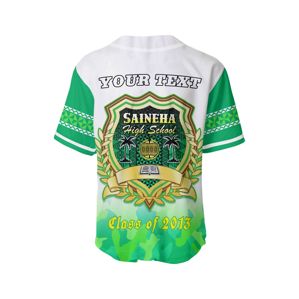 Green/white baseball jersey back with 'YOUR TEXT' and SAINEHA High School crest