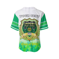 Green/white baseball jersey back with 'YOUR TEXT' and SAINEHA High School crest
