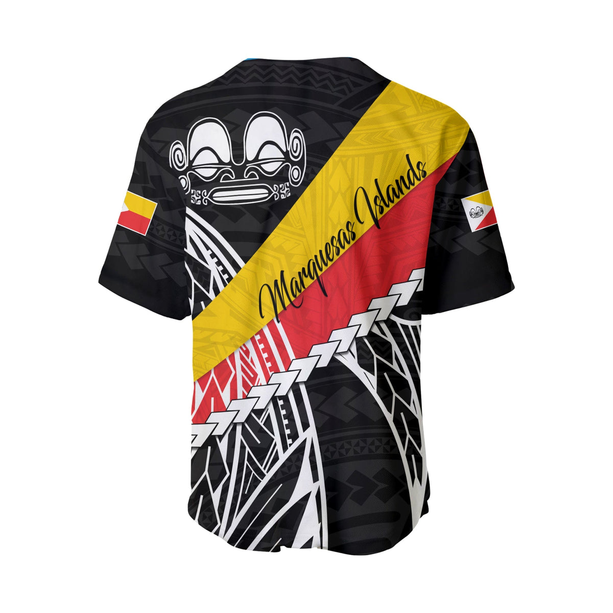 Baseball-Jersey schwarz mit gelb-rot Diagonale, Marquesas Islands Schriftzug