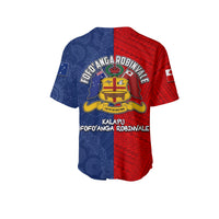 Back of personalised baseball jersey red/blue half style with team crest and text