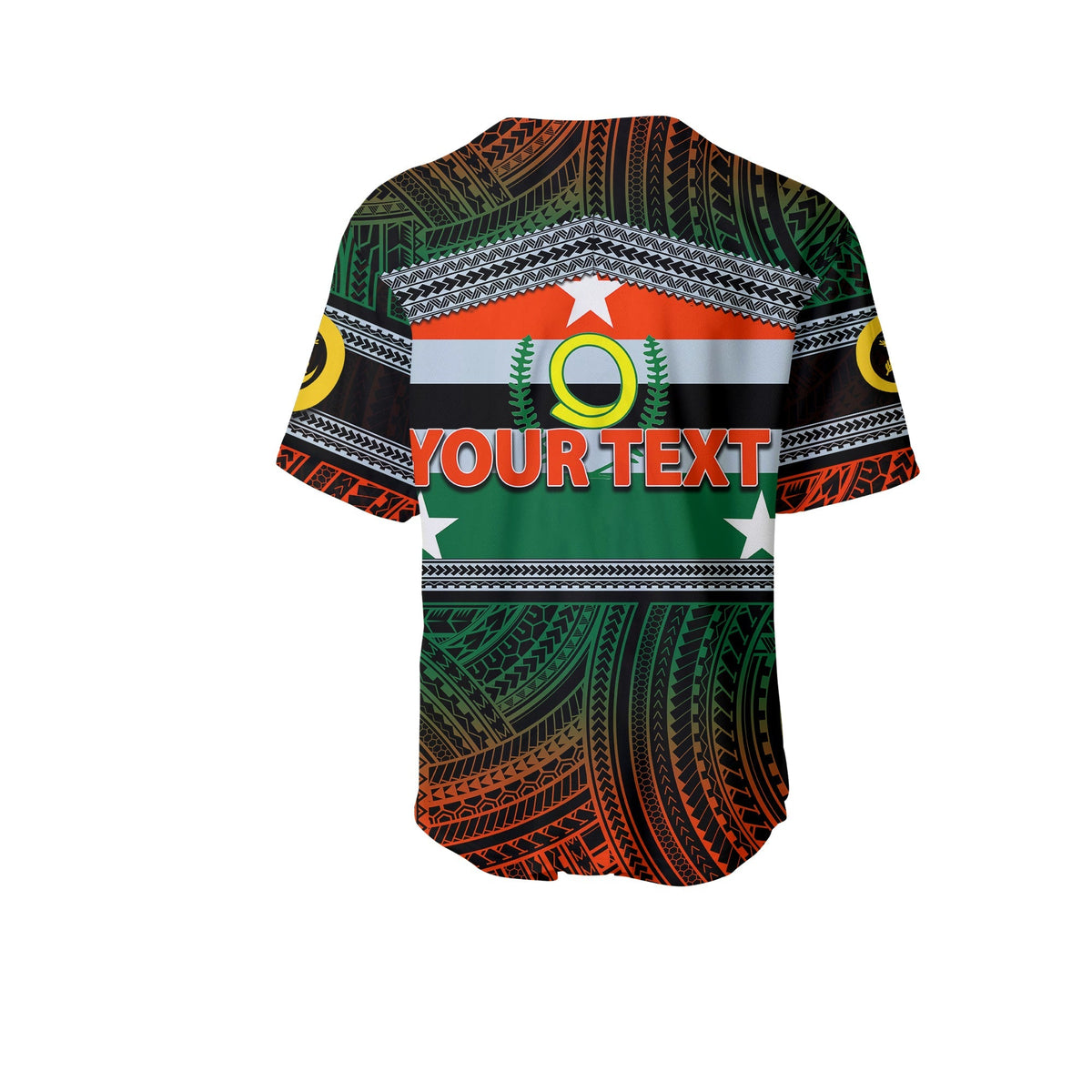 Penama baseball jersey with Vanuatu patterns; back print says YOUR TEXT