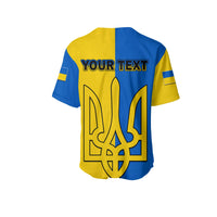 Back of blue-and-yellow baseball jersey with “YOUR TEXT” and large trident