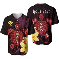 Custom baseball jersey with turtle and Hawaiian flowers, red, front and back view