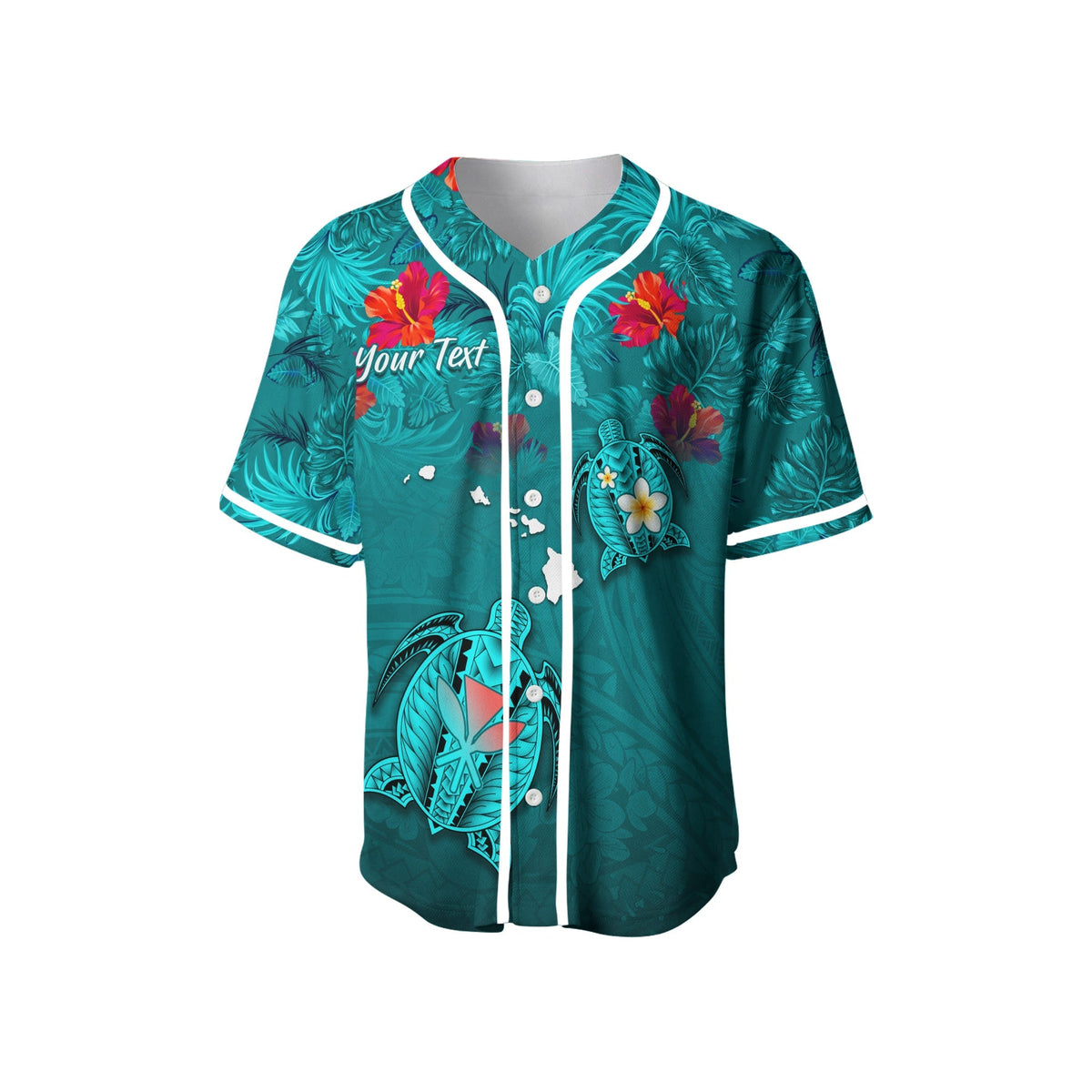 (Custom Personalised) Hawaiian Islands Baseball Jersey - Hawaii Tropical Flowers and Turtles Turquoise LT13 - Wonder Print Shop
