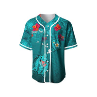 Turquoise baseball jersey, white trim; Hawaiian flowers, turtles, custom text