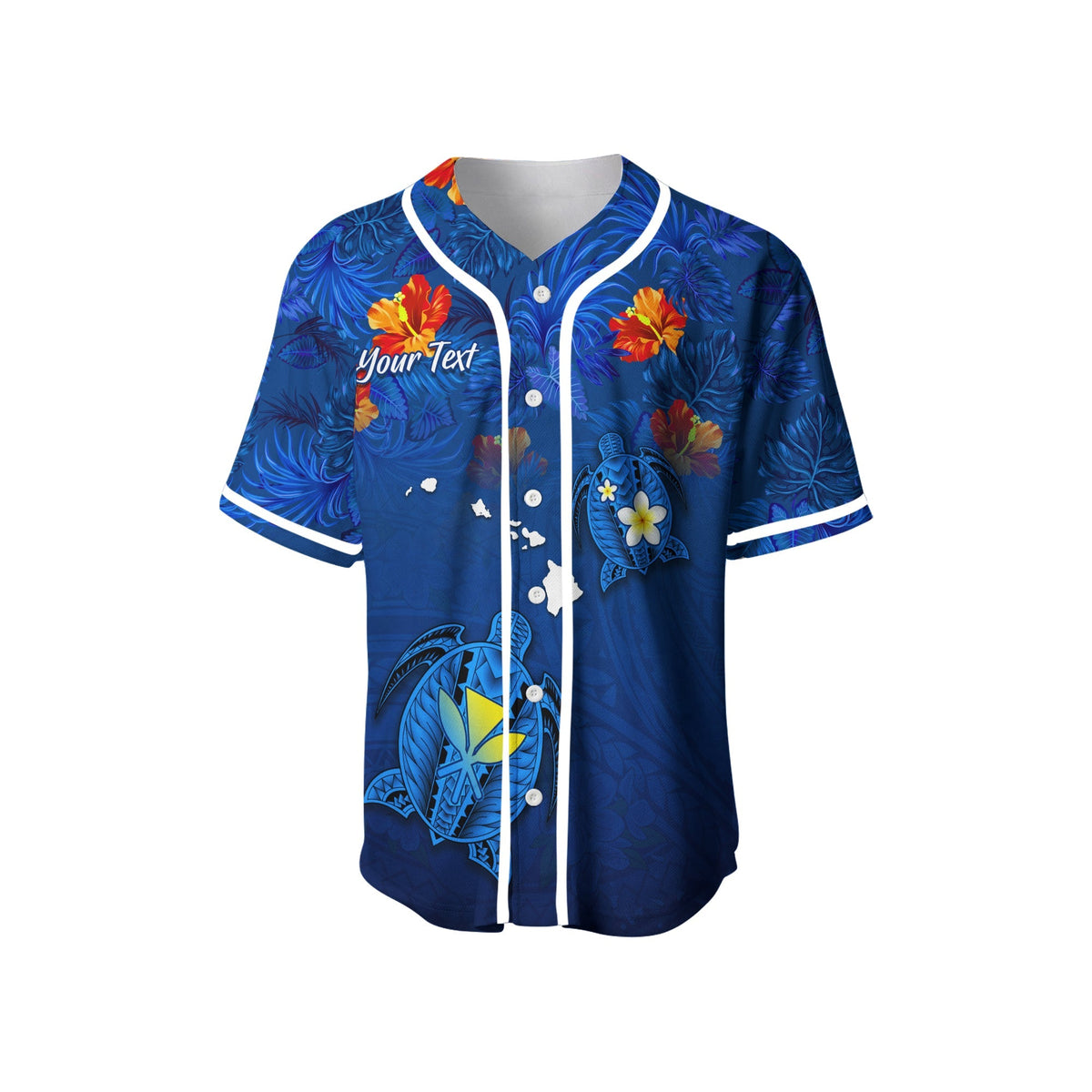 Blue button-up baseball jersey, tropical flowers and turtle graphic, custom 'Your Text'