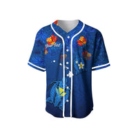 Blue button-up baseball jersey, tropical flowers and turtle graphic, custom 'Your Text'