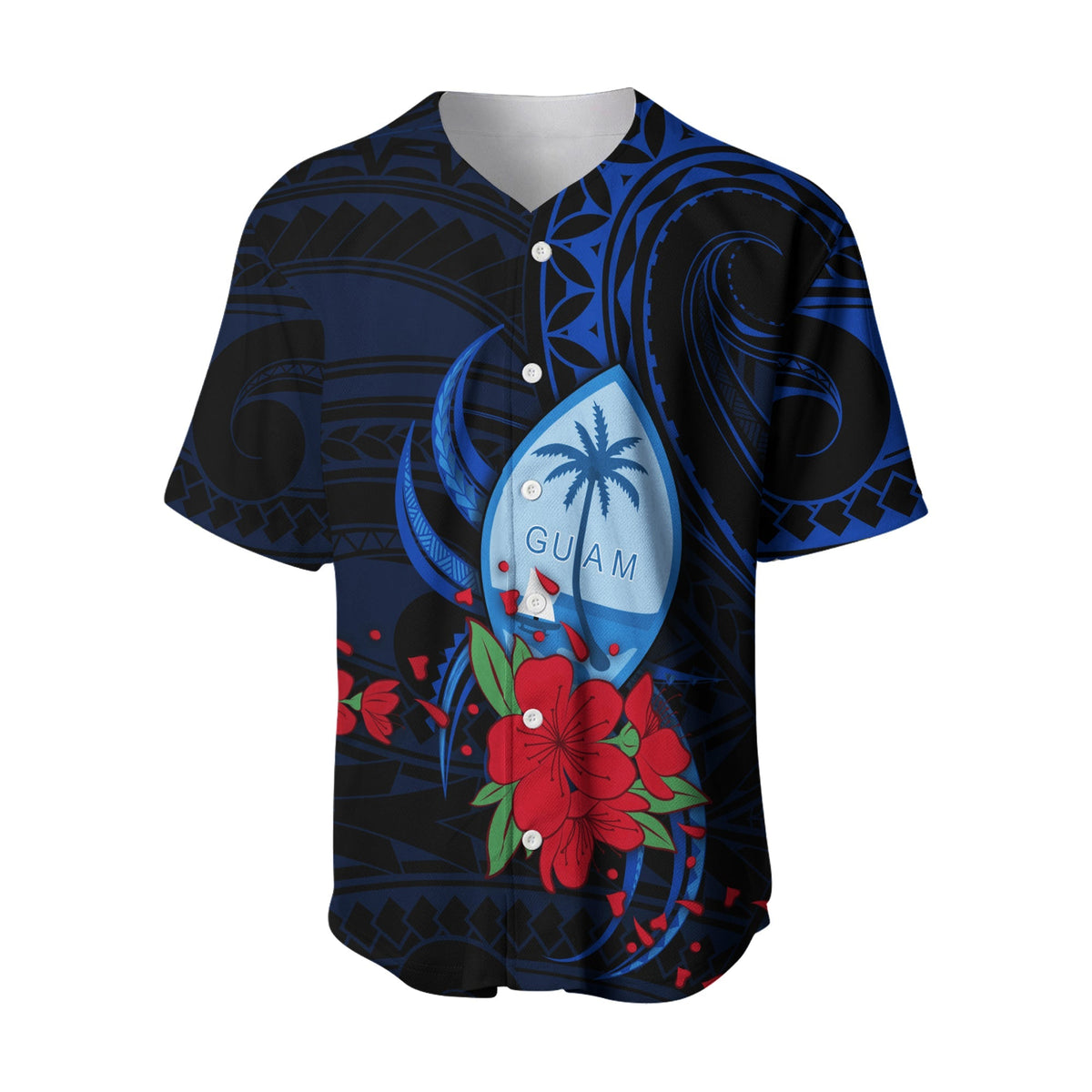 Blue button-front baseball jersey with Guam island patch and red hibiscus flowers