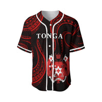 Red and black Tonga baseball jersey with white trim, button front, and TONGA logo