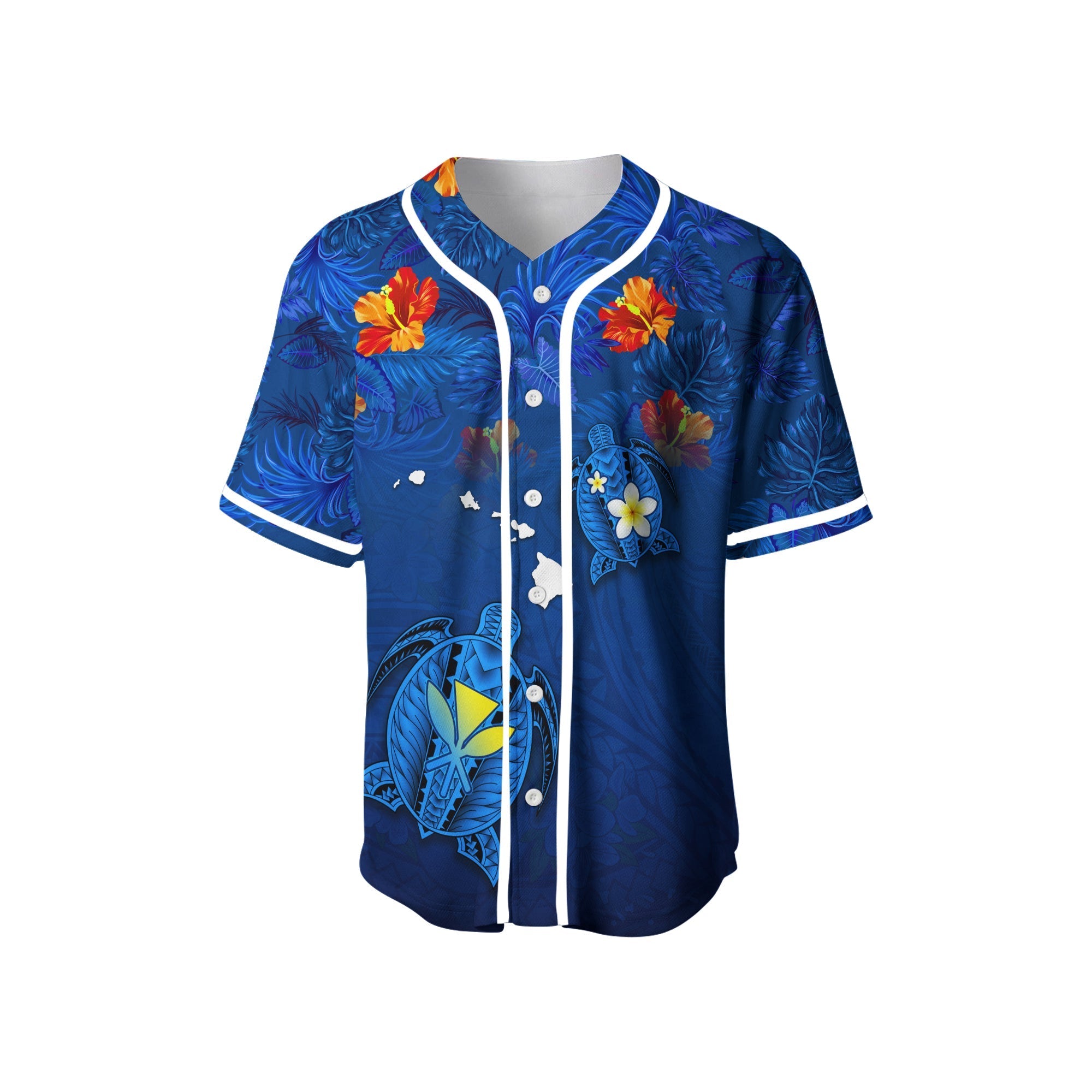 Hawaiian Islands Baseball Jersey - Hawaii Tropical Flowers and Turtles Blue LT13 - Wonder Print Shop