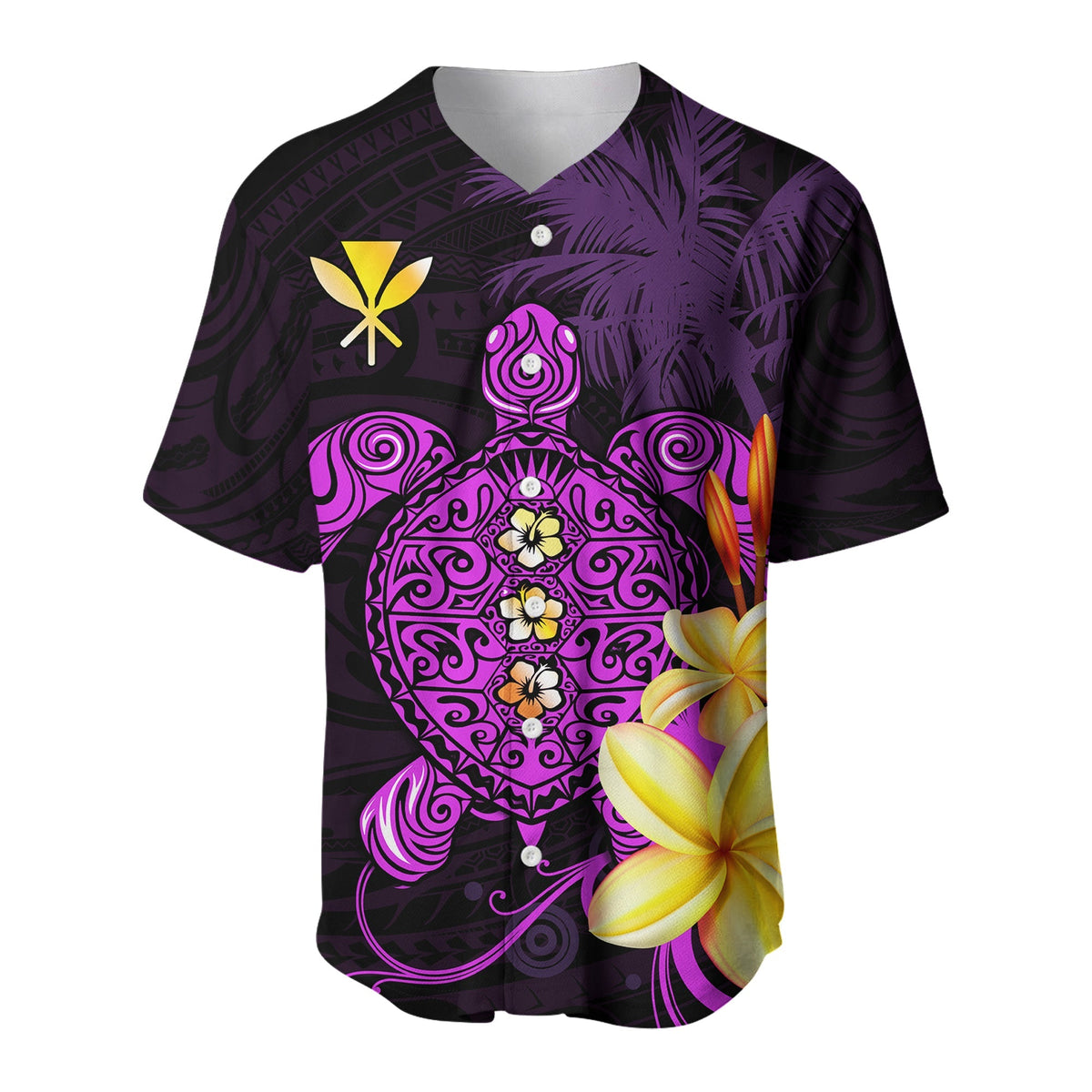 Purple baseball jersey front with turtle graphic, scrollwork heart, and plumeria flowers