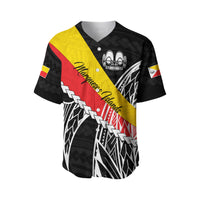 Black baseball jersey with red-yellow diagonal sash, button placket, tribal graphic