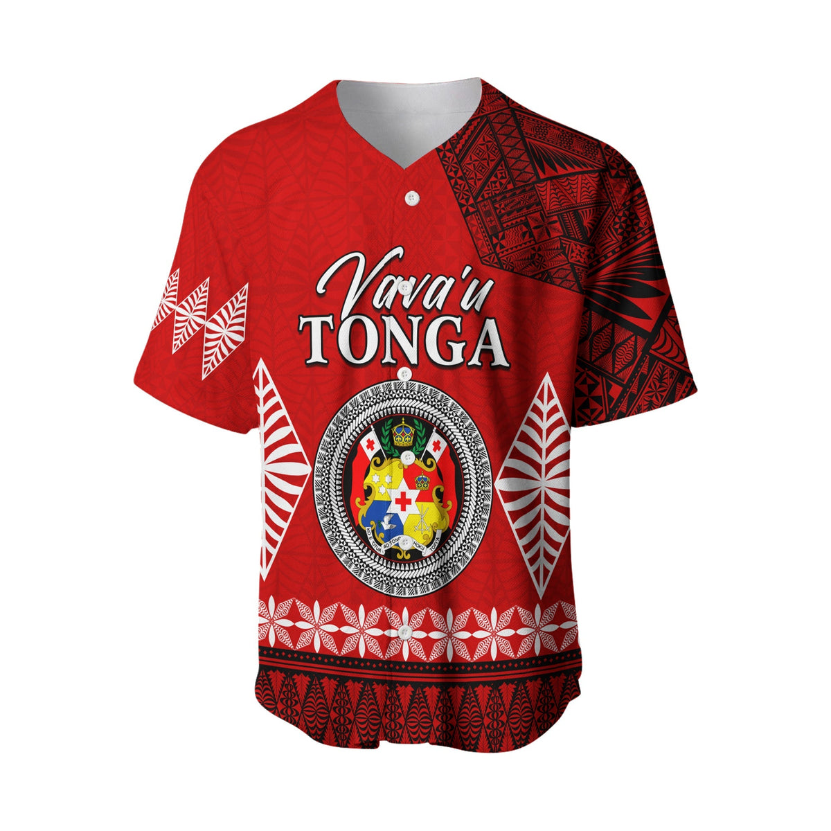 Red baseball jersey with front Vava'u Tonga text, crest emblem, short sleeves
