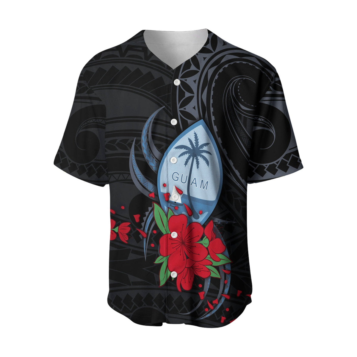 Black Baseball Jersey, Kragen mit Knopfleiste, Guam-Blumen-Design am Brustbereich