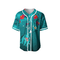 Turquoise baseball jersey with white trim, tropical flowers and turtle graphics, button front