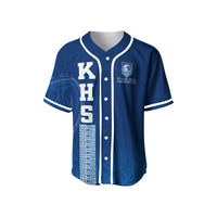 Blue baseball jersey with white trim, front KHS Hawaii print, button placket