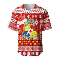 Red baseball jersey with Santa hat, birds, crest and festive Tongan pattern, front view