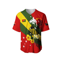 Red baseball jersey with front Eastern Highlands flag-style print, short sleeves, buttons