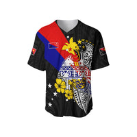 Black baseball jersey with flag-style panel print, yellow flowers, and star details
