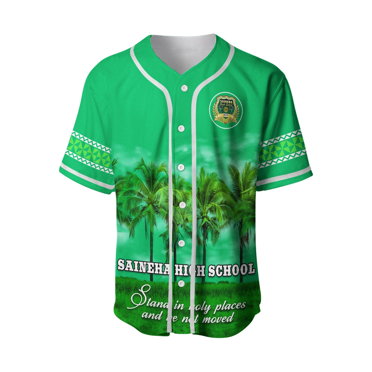 Green baseball jersey with white trim, palm graphic, SAINEHA High School crest