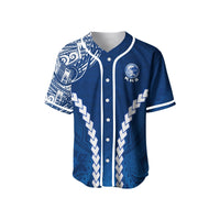 Blue baseball jersey with V-neck, white trim, front crest and KHS logo