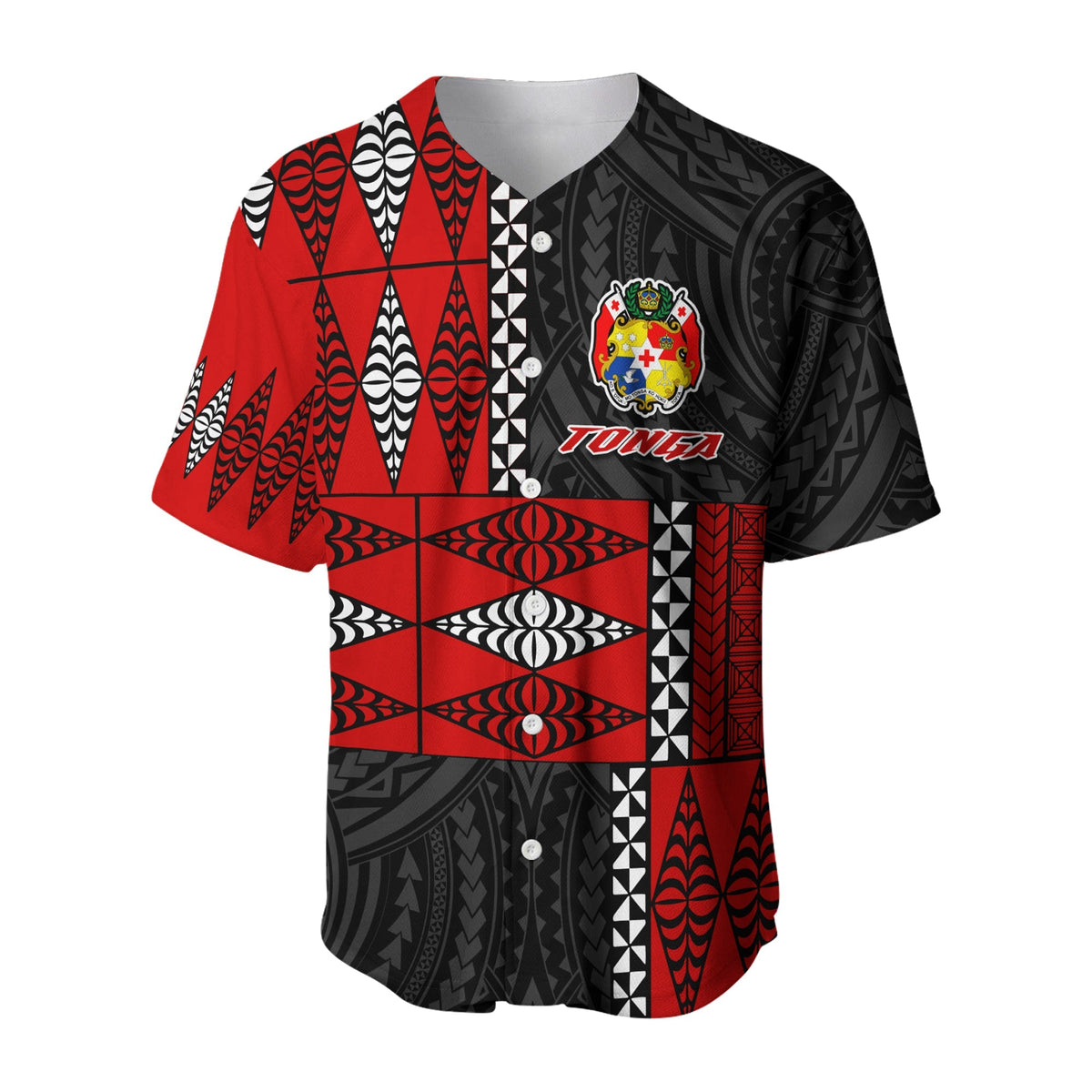 Red-and-black baseball jersey with Tonga text logo, crest patch, and button placket