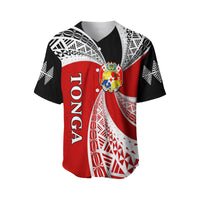 Red and black baseball jersey with Tongan tapa pattern panels and crest on front