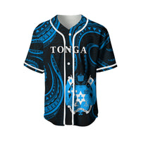 Blue-and-dark baseball jersey with white button placket and bold Tonga graphic front