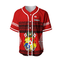 Red Tonga baseball jersey with white trim, button placket and crest on front