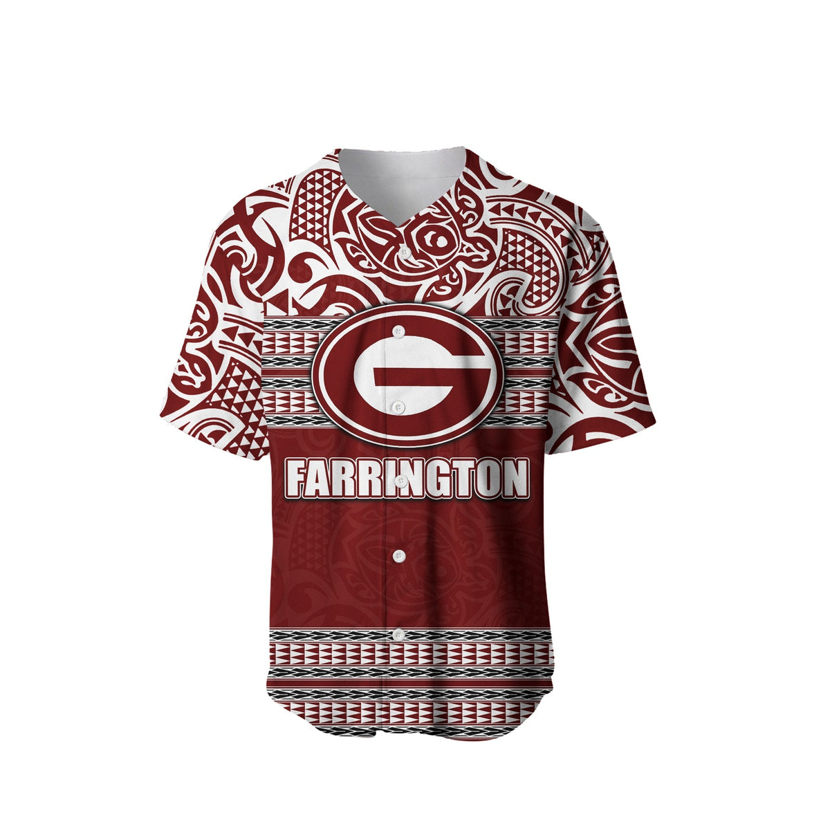 Maroon baseball jersey front with circular Farrington logo and Hawaii-style pattern