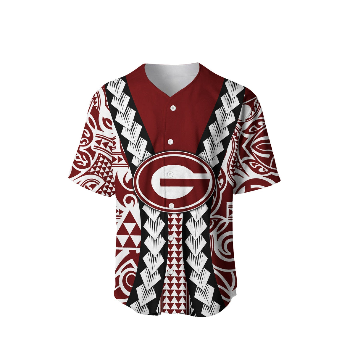 Maroon baseball jersey front view: V-neck buttons, circular logo, tribal sleeve pattern