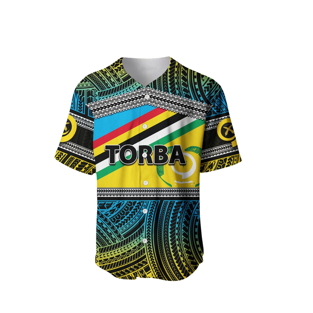 Torba baseball jersey front, bold Torba text over Polynesian pattern