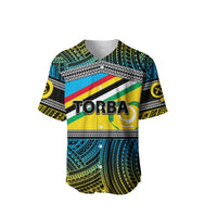 Torba baseball jersey front, bold Torba text over Polynesian pattern