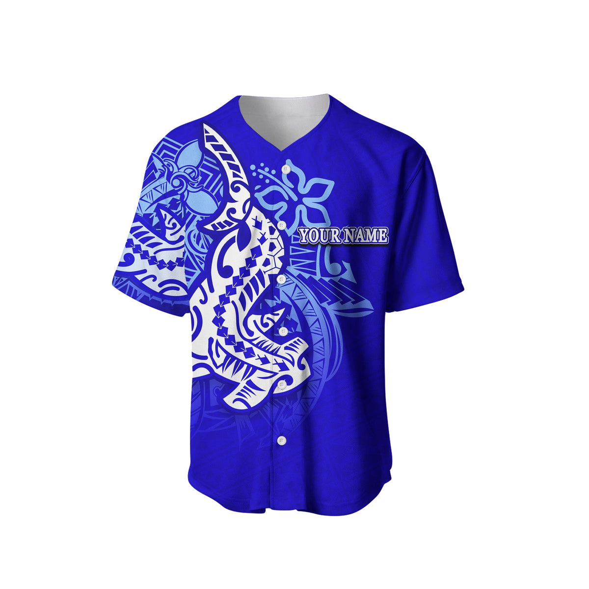 Blue baseball jersey front with Polynesian hammerhead shark artwork and “YOUR NAME”