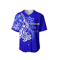 Blue baseball jersey front with Polynesian hammerhead shark artwork and “YOUR NAME”