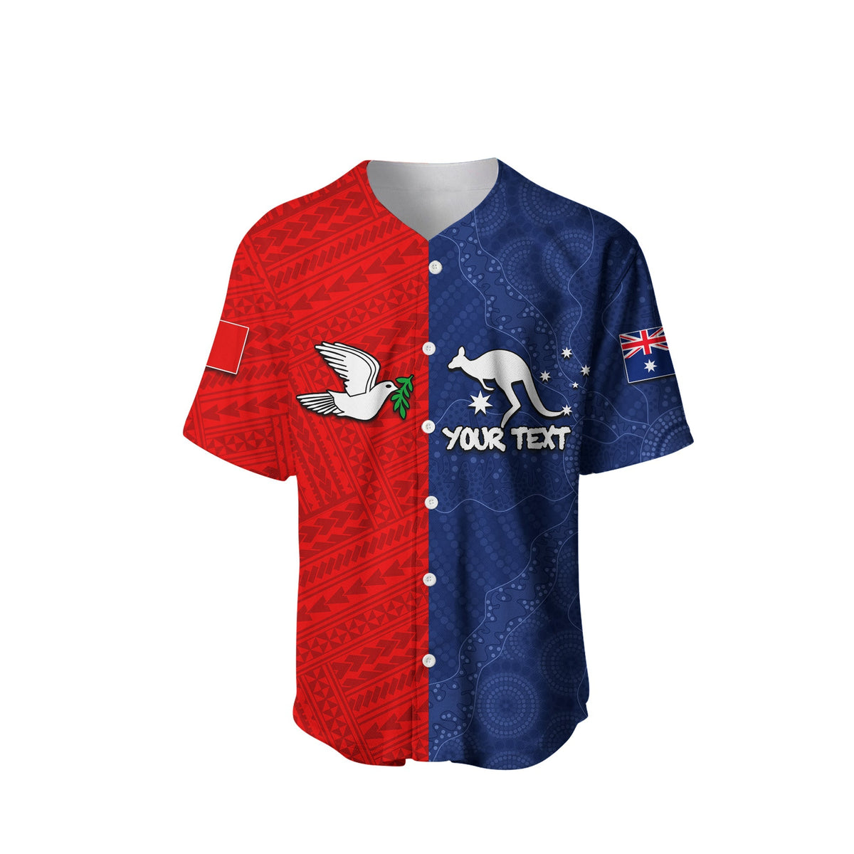 Personalised baseball jersey red/blue half style, V-neck, bird and kangaroo graphics