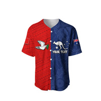 Personalised baseball jersey red/blue half style, V-neck, bird and kangaroo graphics