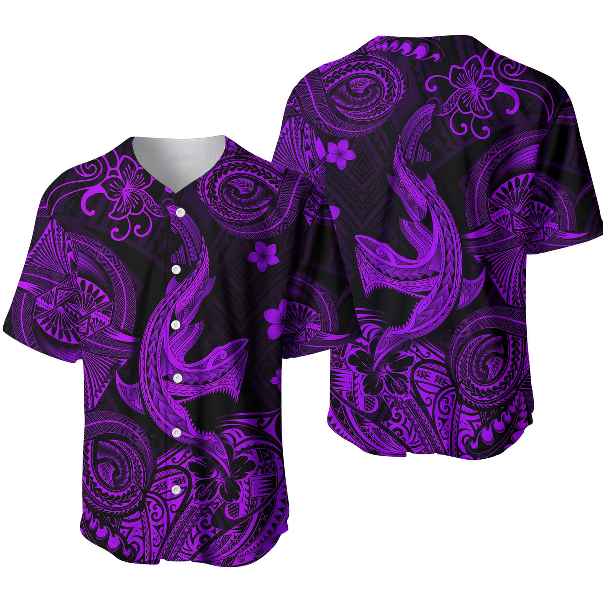 Hawaii Angry Shark Polynesian Baseball Jersey Unique Style - Purple LT8 - Wonder Print Shop