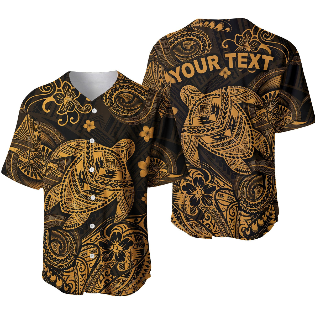 (Custom Personalised) Hawaii Turtle Polynesian Baseball Jersey Plumeria Flower Unique Style - Gold LT8 - Wonder Print Shop