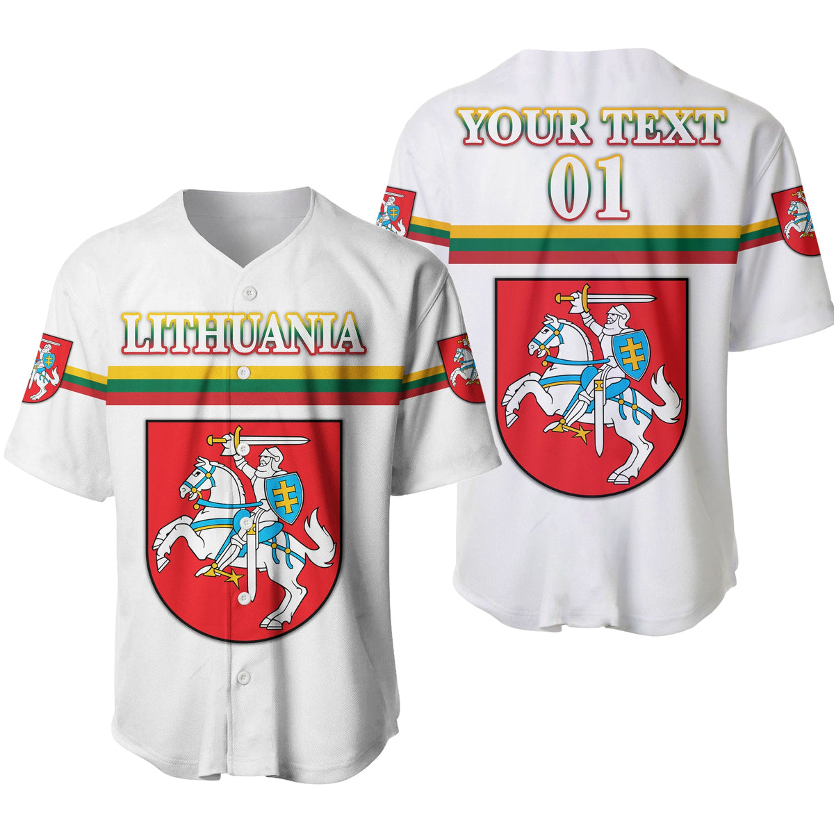 (Custom Personalised) Lithuania Baseball Jersey Coat Of Arms Lietuva Flag Style - White LT8 - Wonder Print Shop