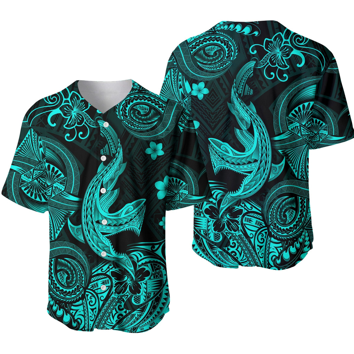 Hawaii Angry Shark Polynesian Baseball Jersey Unique Style - Turquoise LT8 - Wonder Print Shop