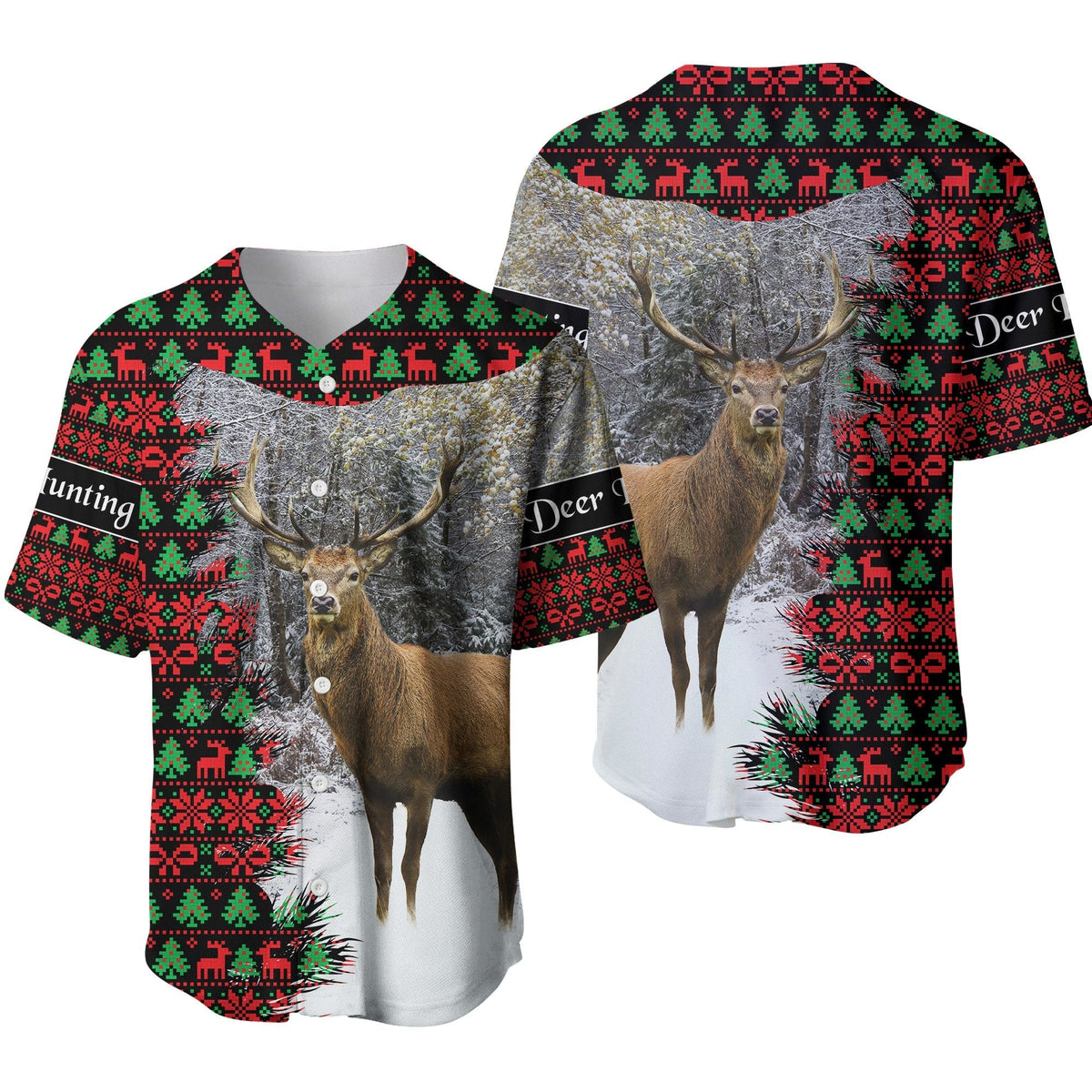 Dear Hunting Christmas Baseball Jersey - Black LT8 - Wonder Print Shop