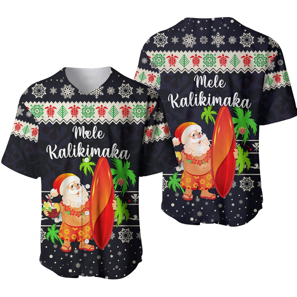Hawaii Christmas Baseball Jersey Santa Claus Surfing Simple Style - Navy LT8 - Wonder Print Shop