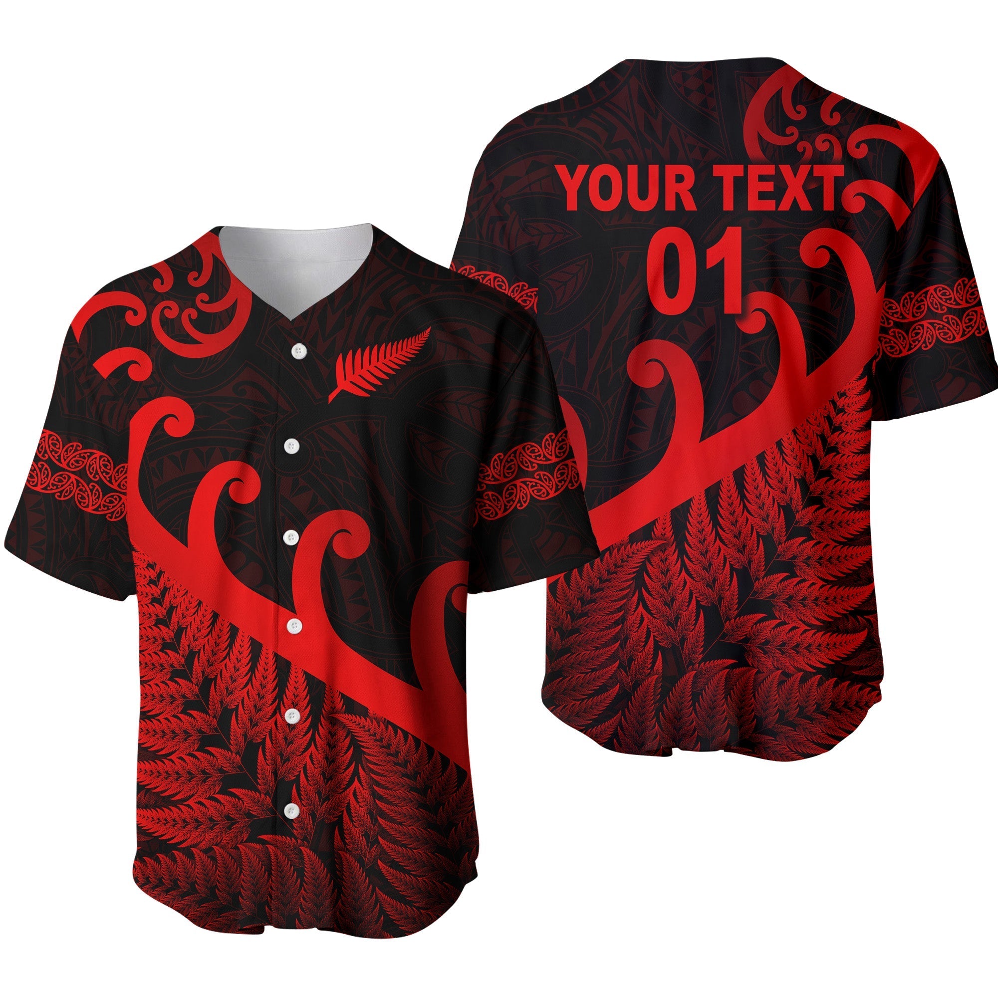 custom-personalised-new-zealand-rugby-maori-baseball-jersey-silver-fern-koru-vibes-red