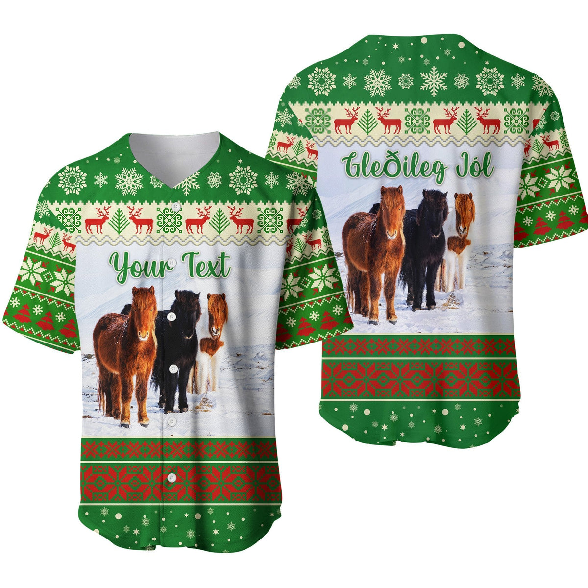 (Custom Personalised) Icelandic Horse Christmas Baseball Jersey - Green LT8 - Wonder Print Shop