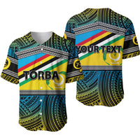 Torba baseball jersey, blue/green/yellow Polynesian pattern front