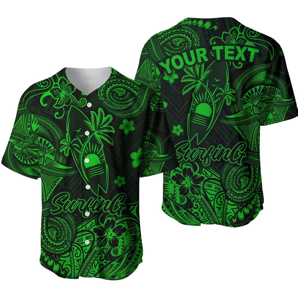(Custom Personalised) Hawaii Surfing Polynesian Baseball Jersey Unique Style - Green LT8 - Wonder Print Shop